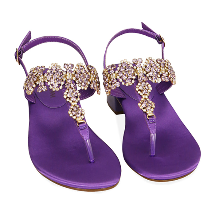 Sandali infradito viola in raso, tacco 3,5 cm