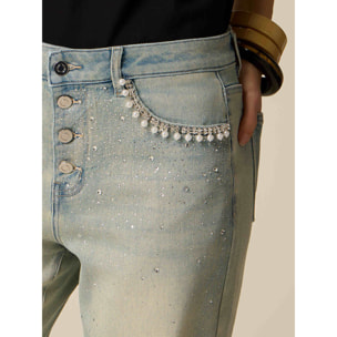 Oltre - Jeans boyslim stone bleached con applicazioni gioiello - Azzurro