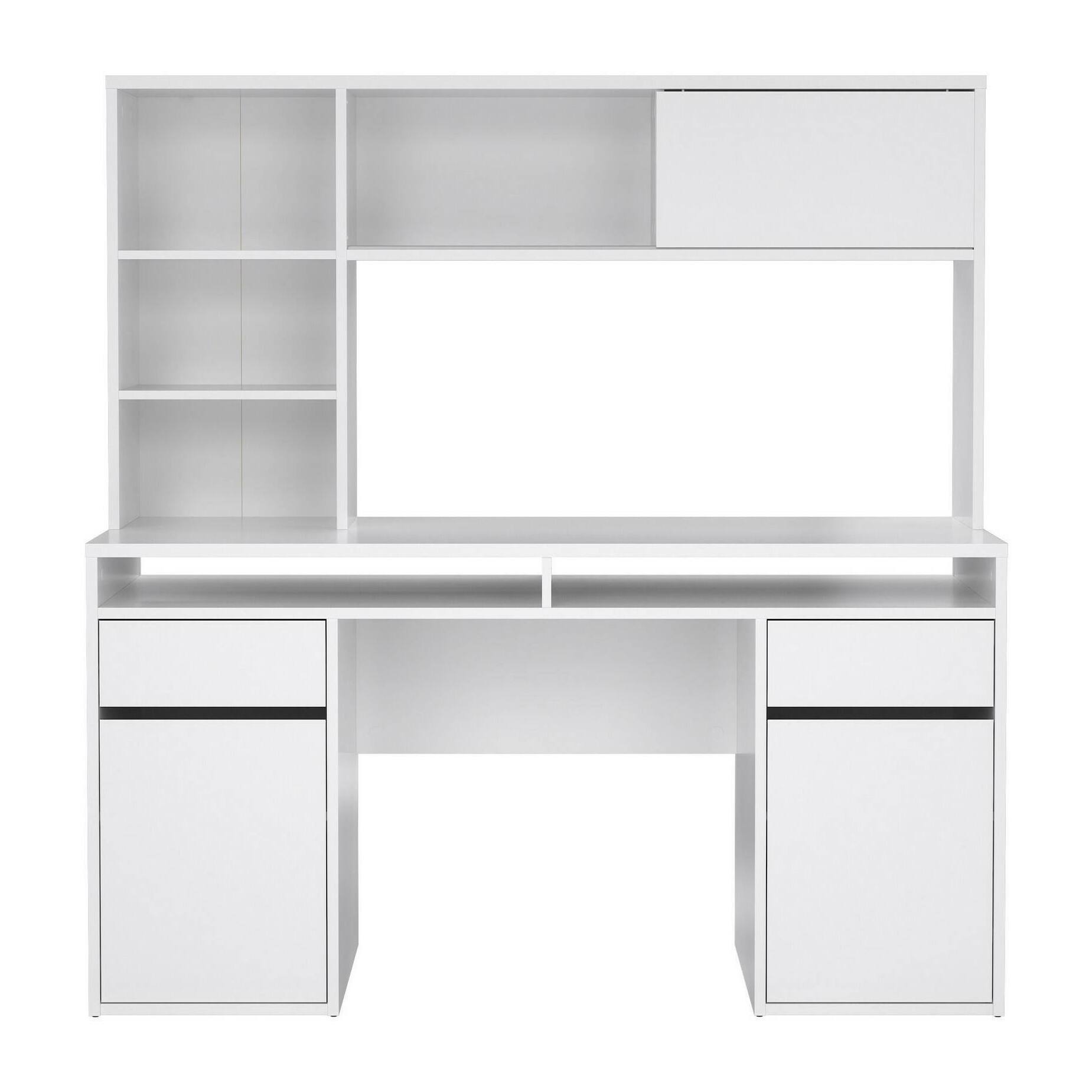 Scrivania Ambrenti, Scrittoio multiuso, Tavolo per ufficio porta PC, Piano di lavoro, 149x48 h156 cm, Bianco lucido