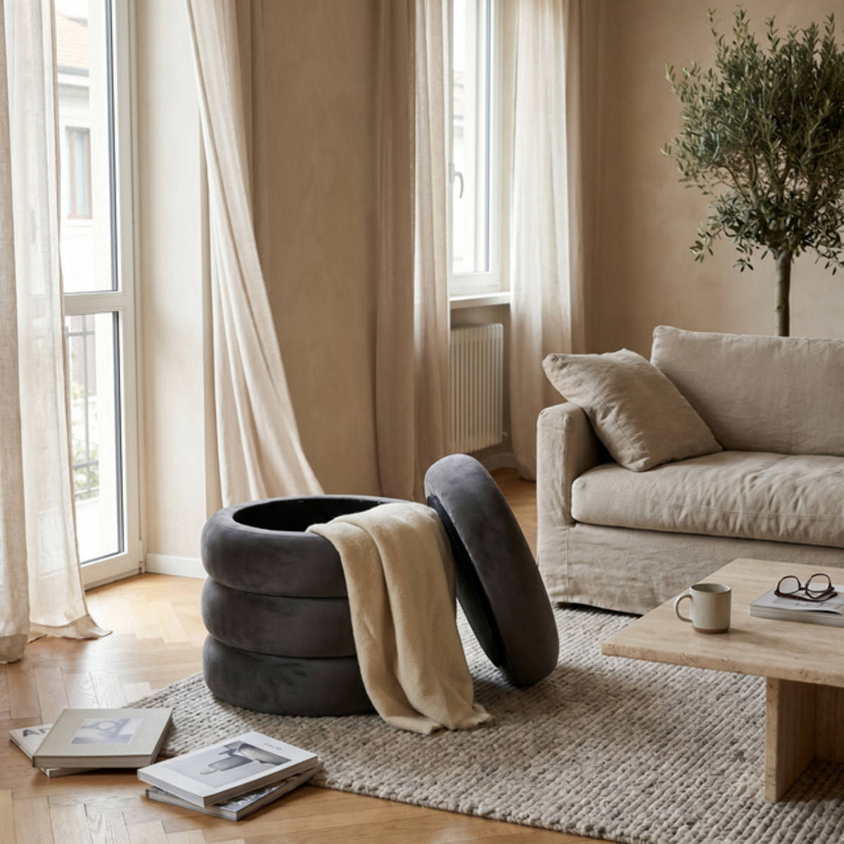 Pouf Contenitore Rotondo in Velluto con Coperchio, Seduta Imbottita con Vano Contenitore Salvaspazio dallo Stile Elegante per Soggiorno, Camera da Letto e Ingresso