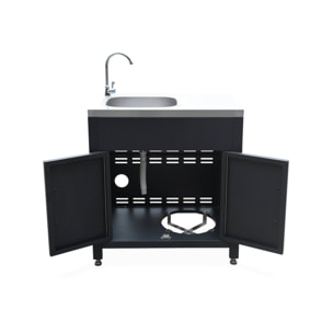Cuisine extérieure avec 4 modules en acier. meuble avec évier. étagères. tiroirs. rangements