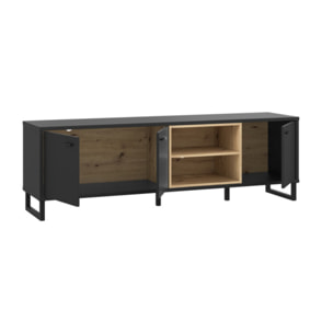 Meuble TV noir effet bois de chêne avec rangement - DORY