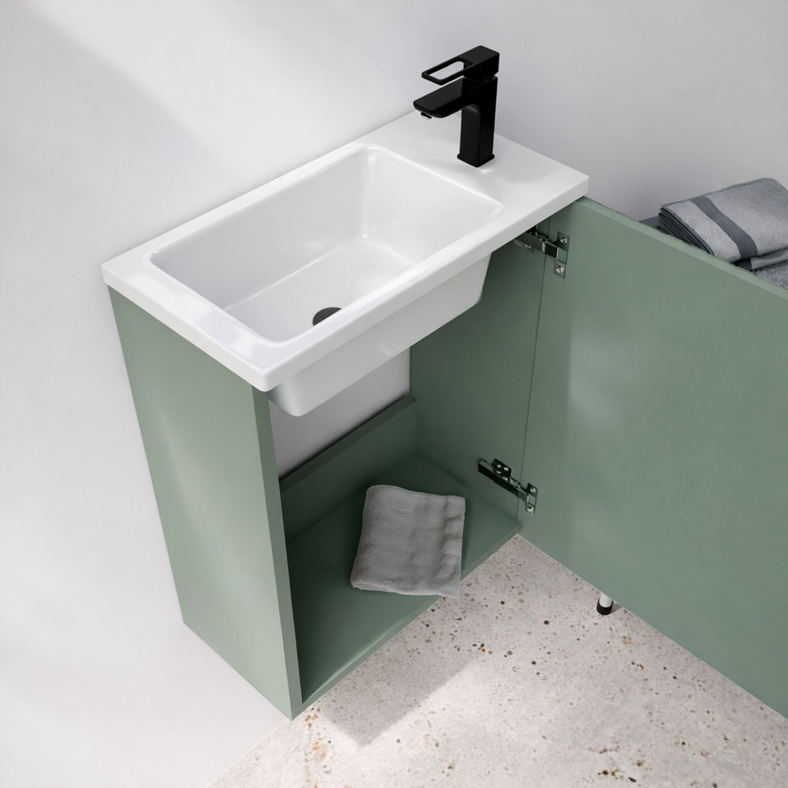 Ensemble meuble lave mains MDF ondulé vert 40x50x22cm et miroir ovale - MILO