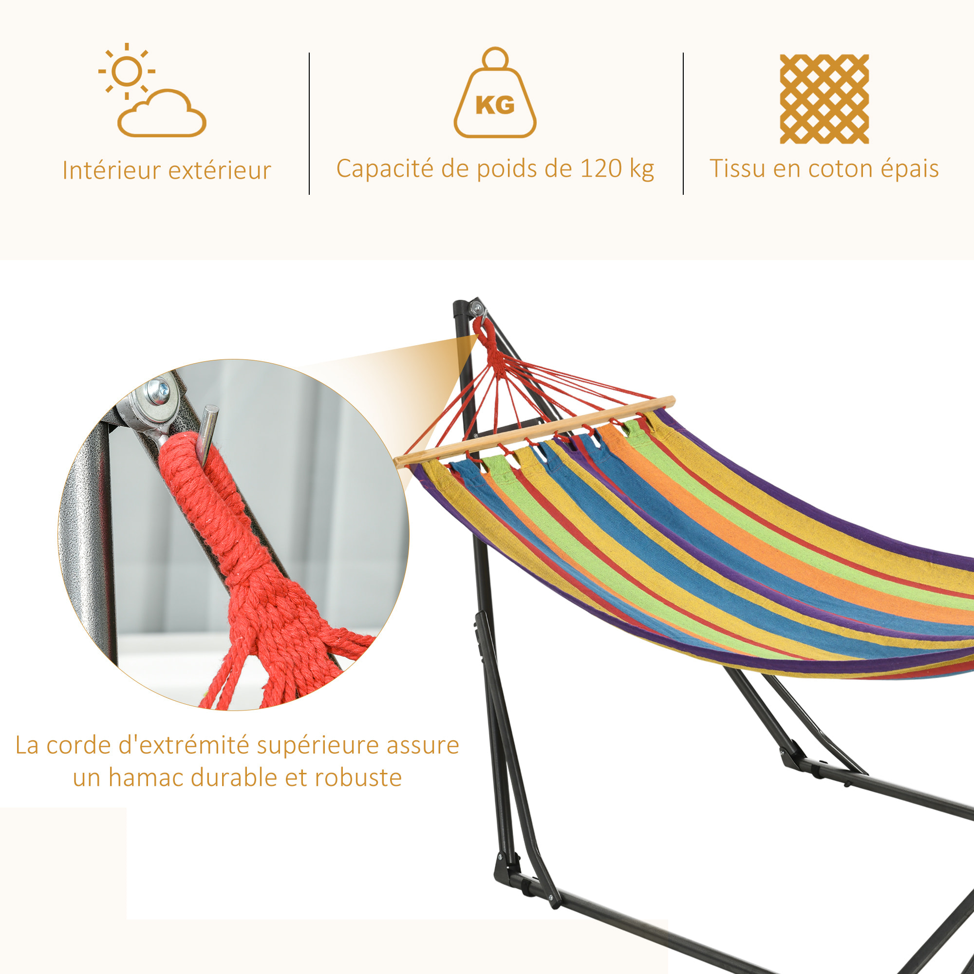 Hamac de jardin pliable avec support acier époxy et toile coton lin multicolore