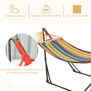 Hamac de jardin pliable avec support acier époxy et toile coton lin multicolore