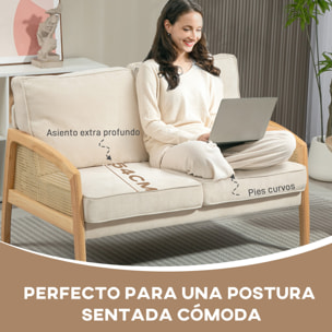 Sofá de 2 Plazas Tapizado en Chenilla Sofá de Salón con 2 Almohadas Lavables y Reposabrazos de Ratán Sintético Sofá Pequeño Carga 240 kg 123x75x88 cm Beige