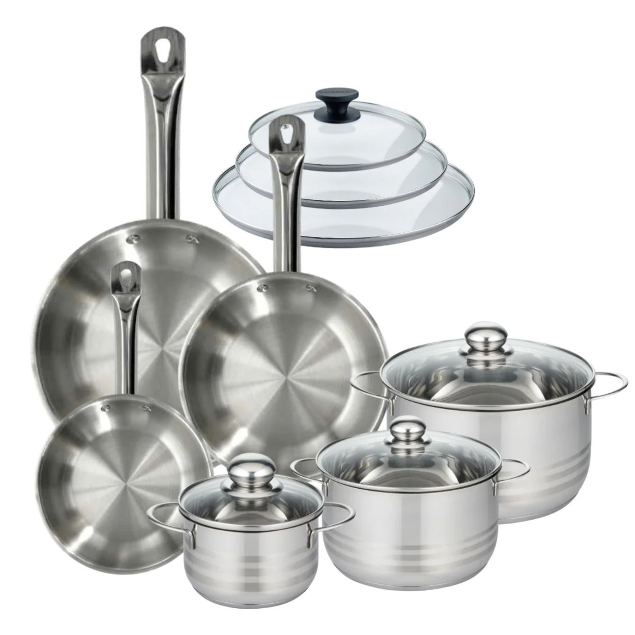 Set 3 poêles 20 24 28 cm en inox et 3 couvercles verre, 3 faitouts inox 16, 20 et 24 cm Fackelmann Eterna