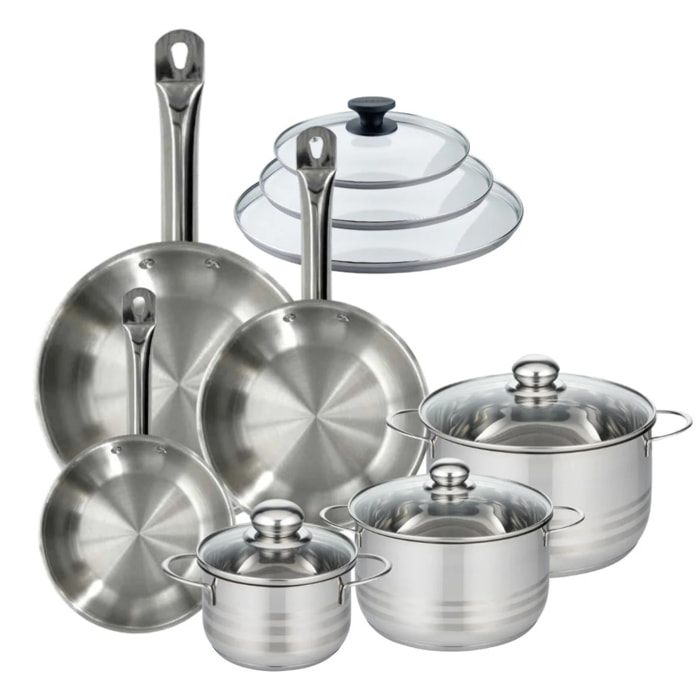 Set 3 poêles 20 24 28 cm en inox et 3 couvercles verre, 3 faitouts inox 16, 20 et 24 cm Fackelmann Eterna
