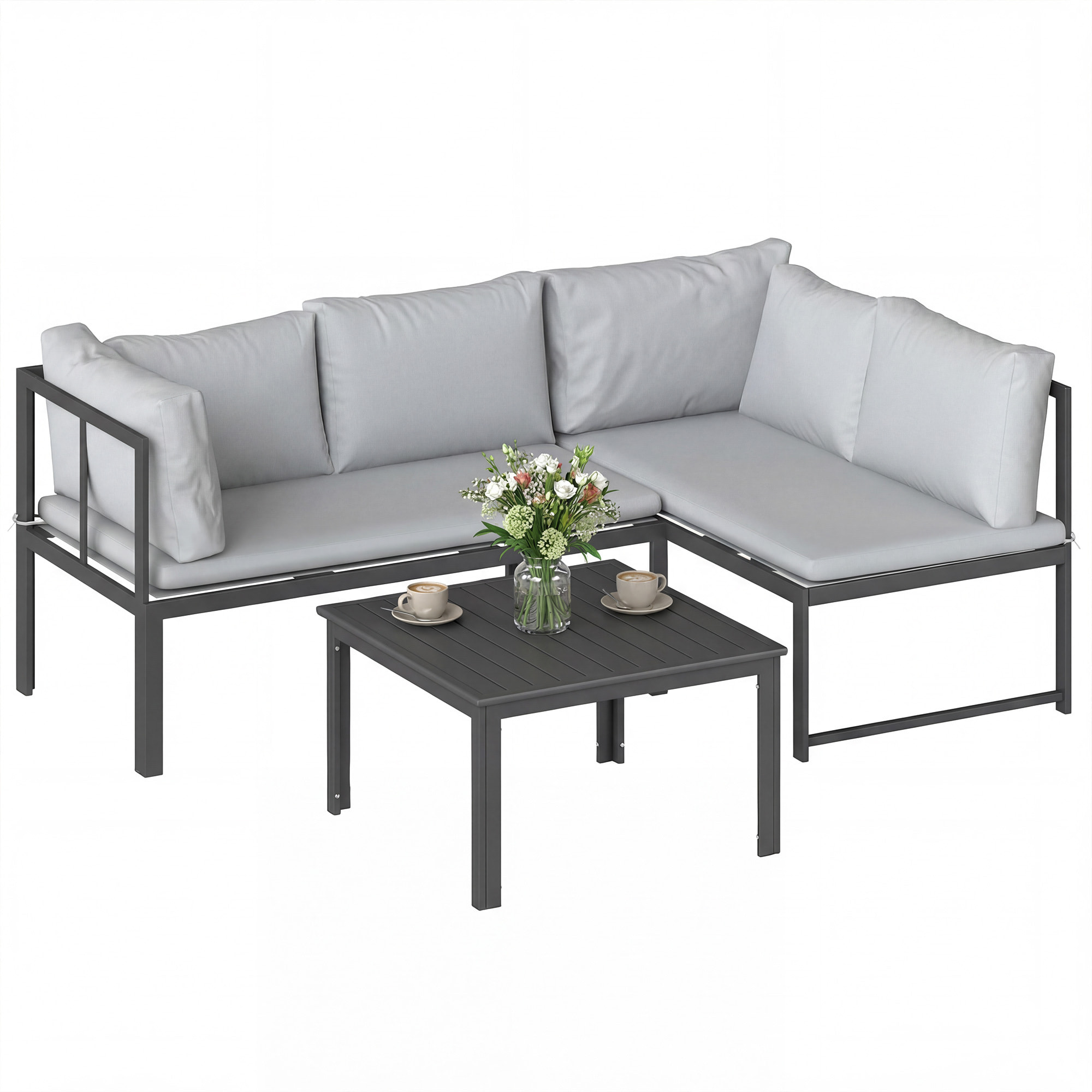 Conjunto de Muebles Jardín Exterior de 3 Piezas, Sofá Exterior Seccional Resistente Forma de L con Cojines, 2 Sofás de 2 Plazas, Reposabrazos Ajustables y Mesa Centro de Listones, Gris