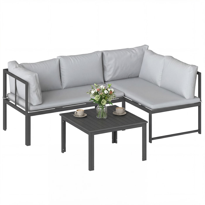 Conjunto de Muebles Jardín Exterior de 3 Piezas, Sofá Exterior Seccional Resistente Forma de L con Cojines, 2 Sofás de 2 Plazas, Reposabrazos Ajustables y Mesa Centro de Listones, Gris