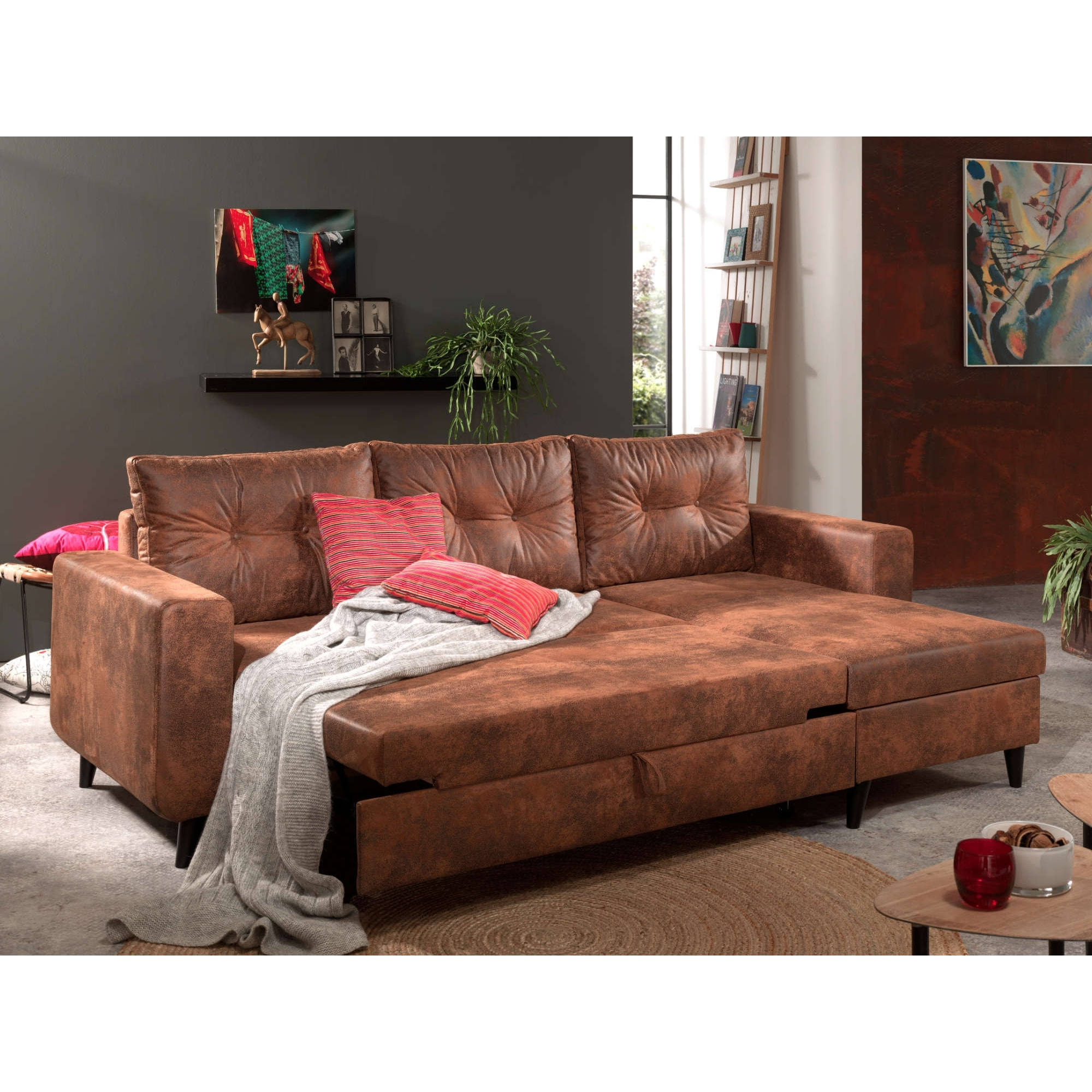 NORDIC - Canapé d'angle réversible - 4 places - Convertible - Industriel vintage - Marron