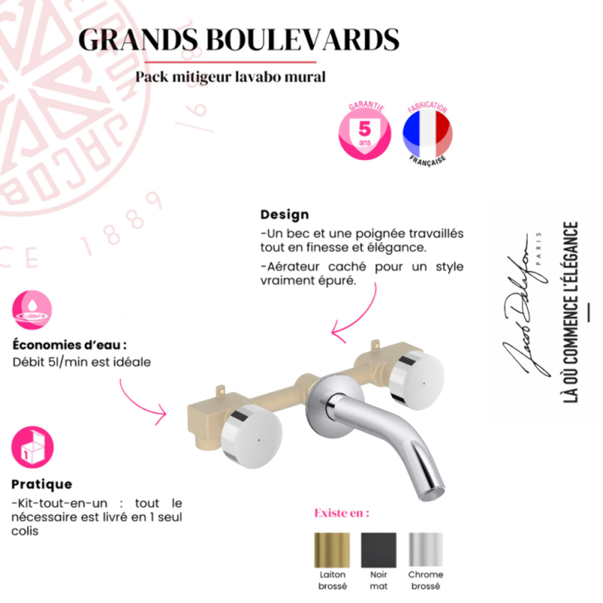 Pack mitigeur lavabo encastré 3 trous Grands Boulevards laiton brossé avec mécanisme complet
