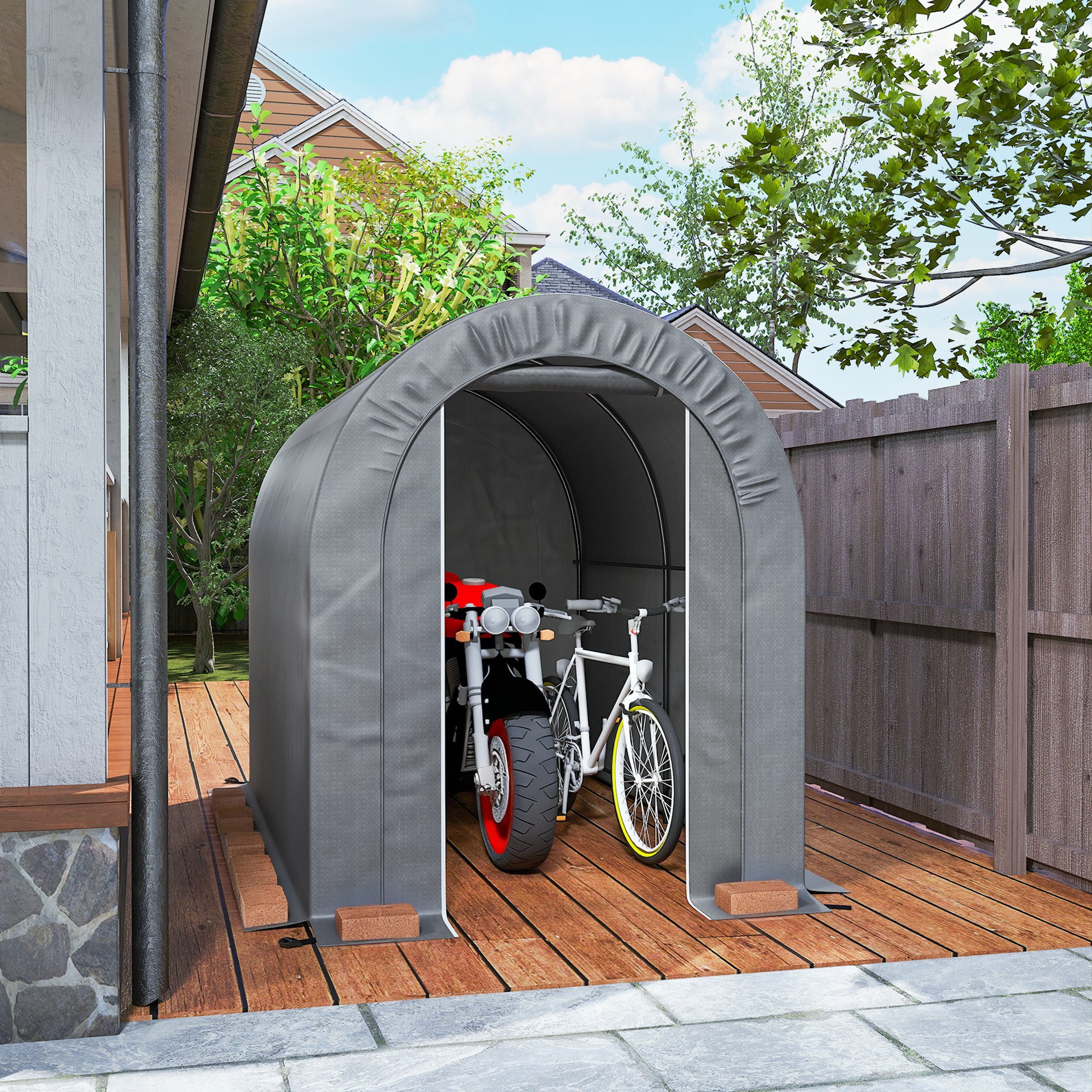 Carpa de Jardín Exterior para Herramientas, Bicicletas, 2,4x1,6x1,9 m, Cobertizo Exterior con Marco de Acero, Puerta Enrollable con Cremallera, Impermeable, Garaje Portátil, Gris Claro