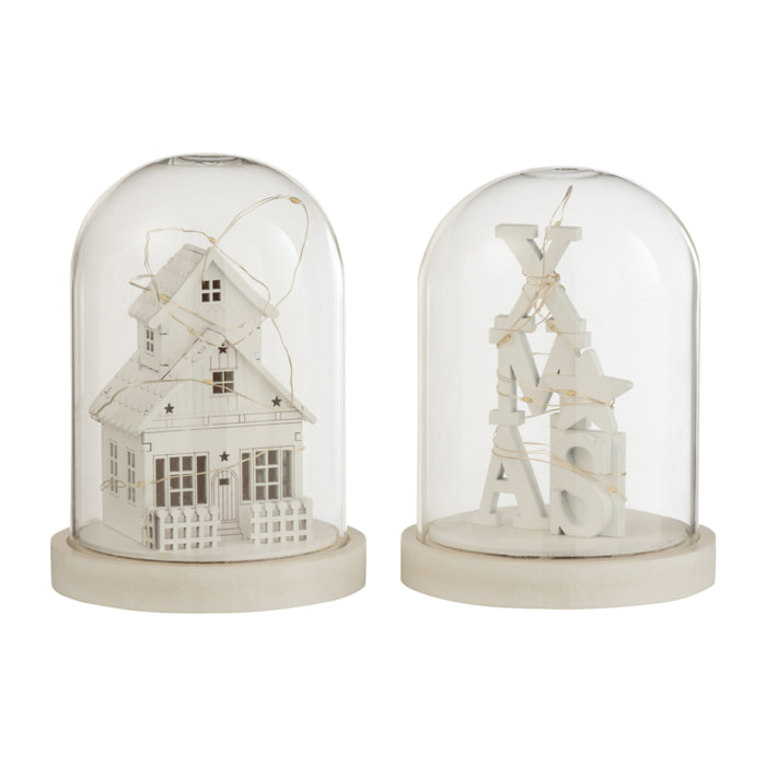 J-Line décoration Cloche Hiver - bois/verre - blanc - 2 pcs - LED