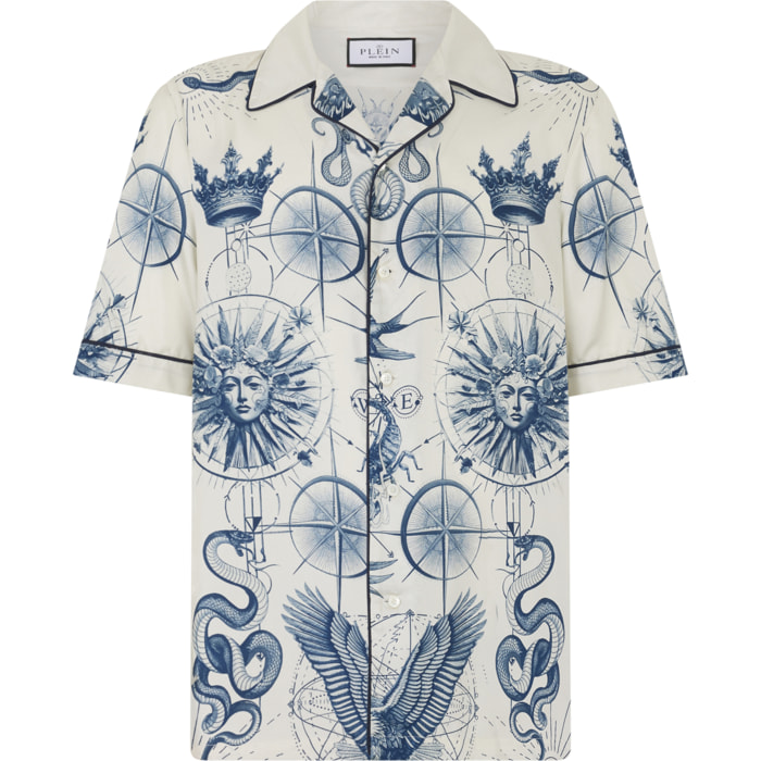 PHILIPP PLEIN Silk Bowling Shirt All-Over Tattoo