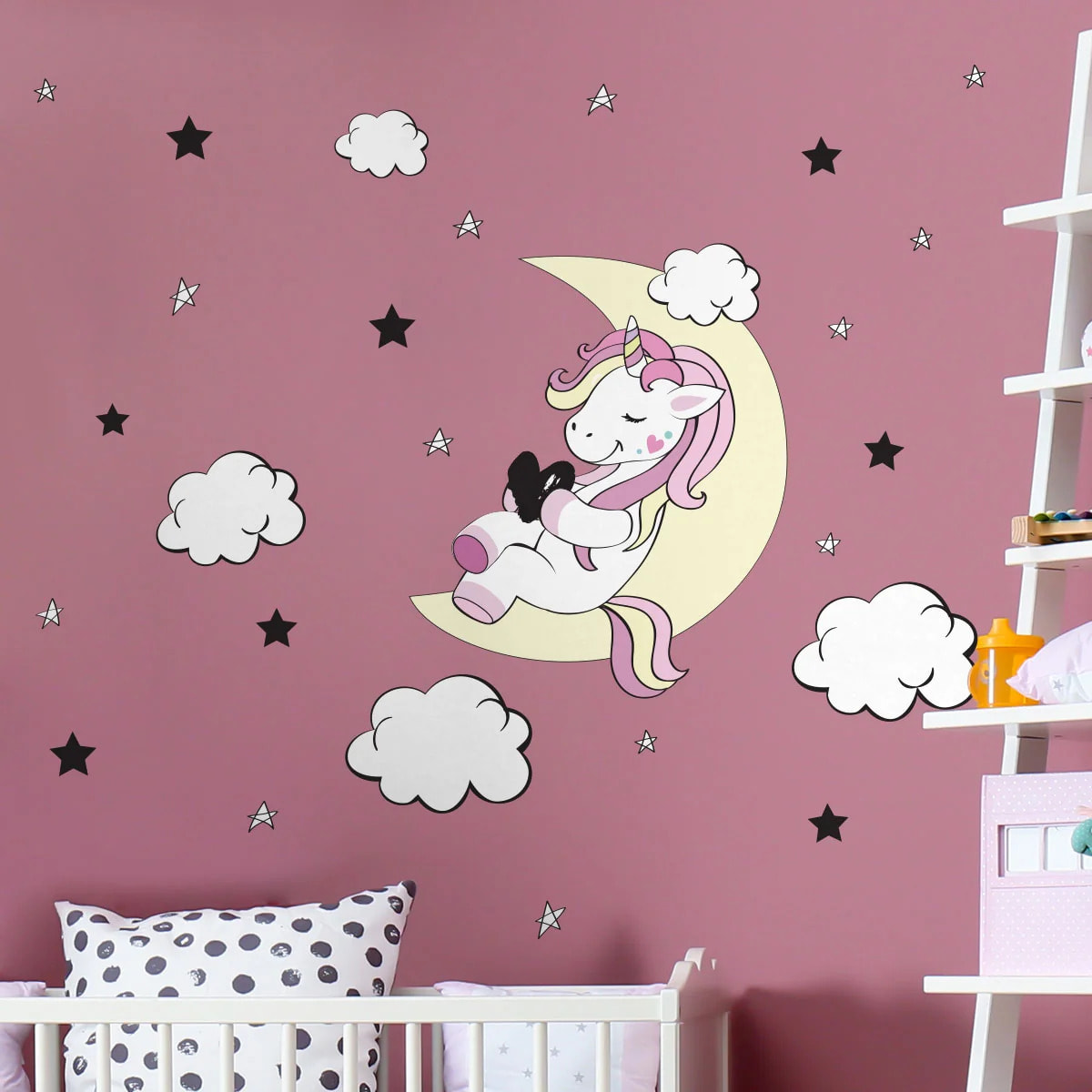 Sticker mural - Ambiance Sticker - LICORNE AMI DE LA LUNE ET DES ÉTOILES - 135x90cm