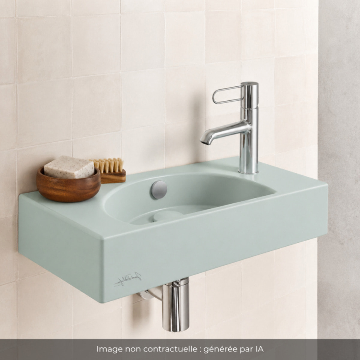 Lave-mains compact 50 cm Odéon Rive Gauche 1 trou de robinetterie à droite Amande satiné