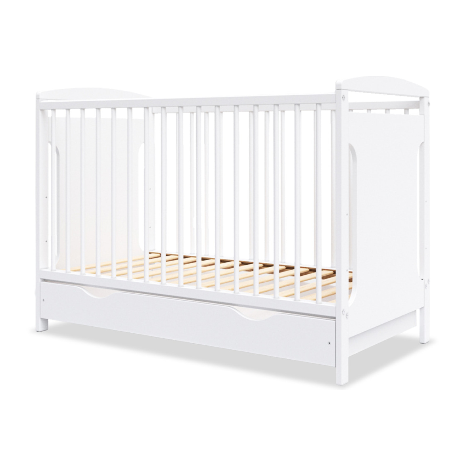 Lit Bébé Évolutif Margot 60x120 cm en Bois, Blanc, Avec Tiroir intégré, Sommier Réglable 3 Hauteurs, Barreaux Amovibles