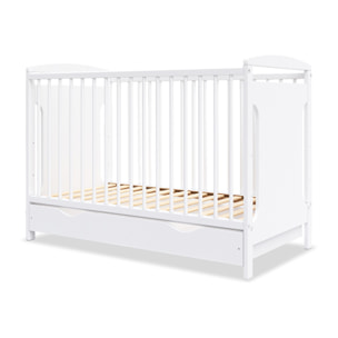 Lit Bébé Évolutif Margot 60x120 cm en Bois, Blanc, Avec Tiroir intégré, Sommier Réglable 3 Hauteurs, Barreaux Amovibles