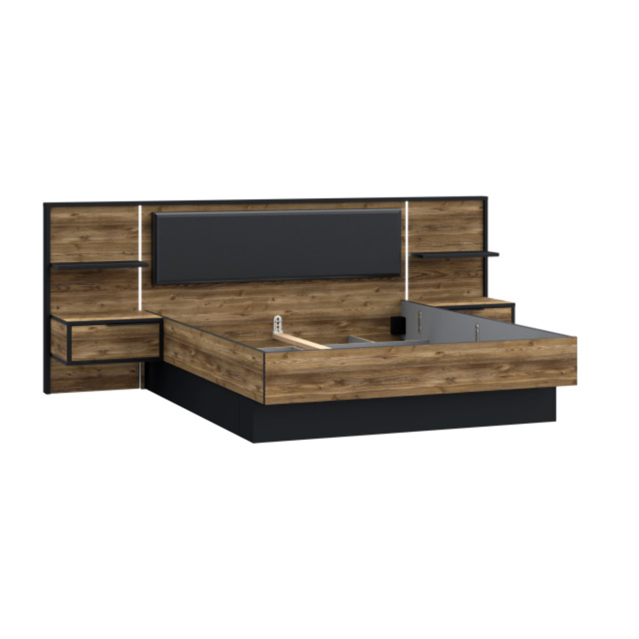 Lit 160x200 cm tête de lit et chevet décor épicéa et noir - YAL