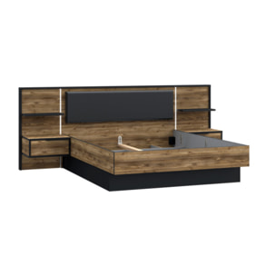 Lit 160x200 cm tête de lit et chevet décor épicéa et noir - YAL