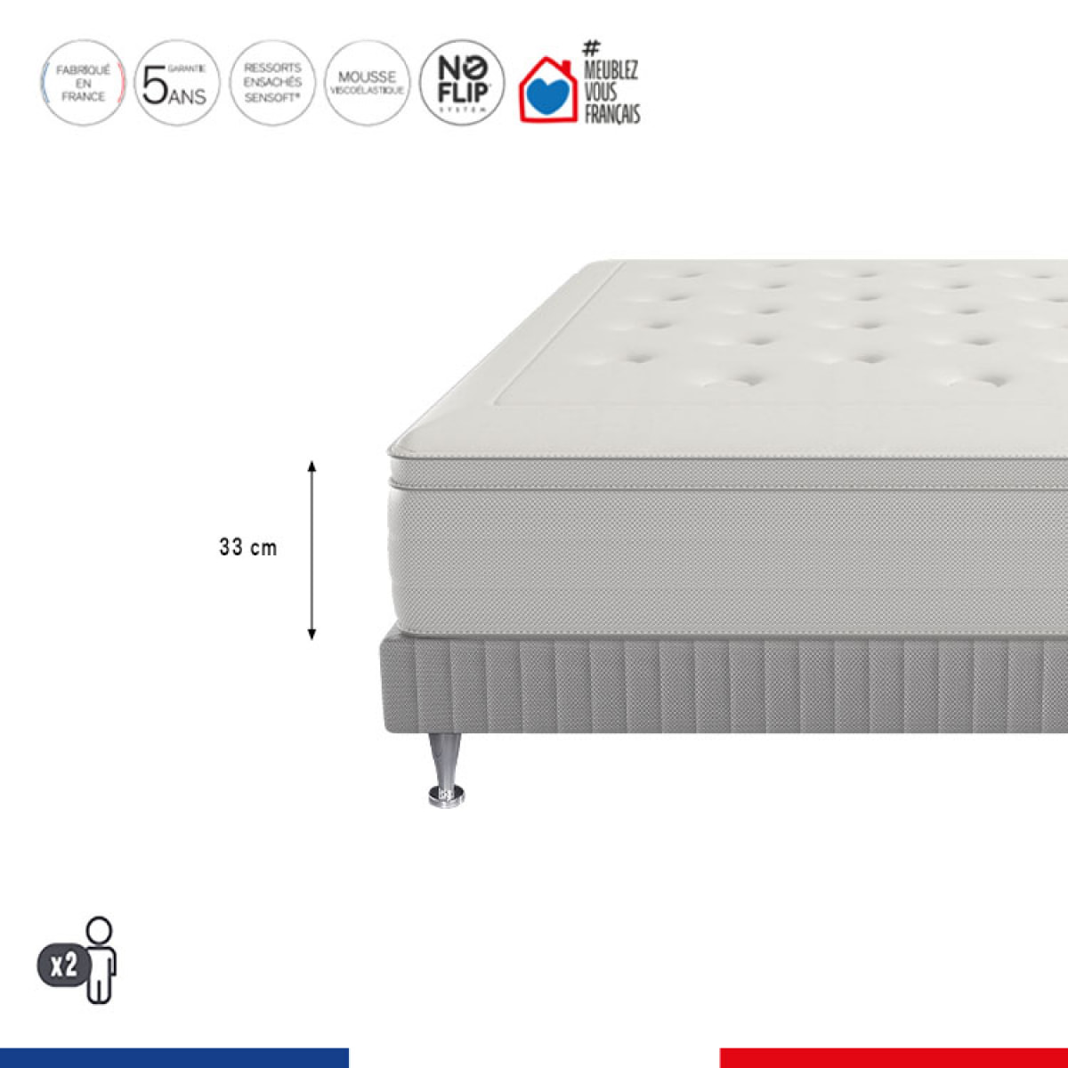 Ensemble REFLEXION matelas H33 ressort ensachés, ferme, 2 sommiers