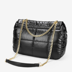 Bolso acolchado negro metalizado con solapa y cadena