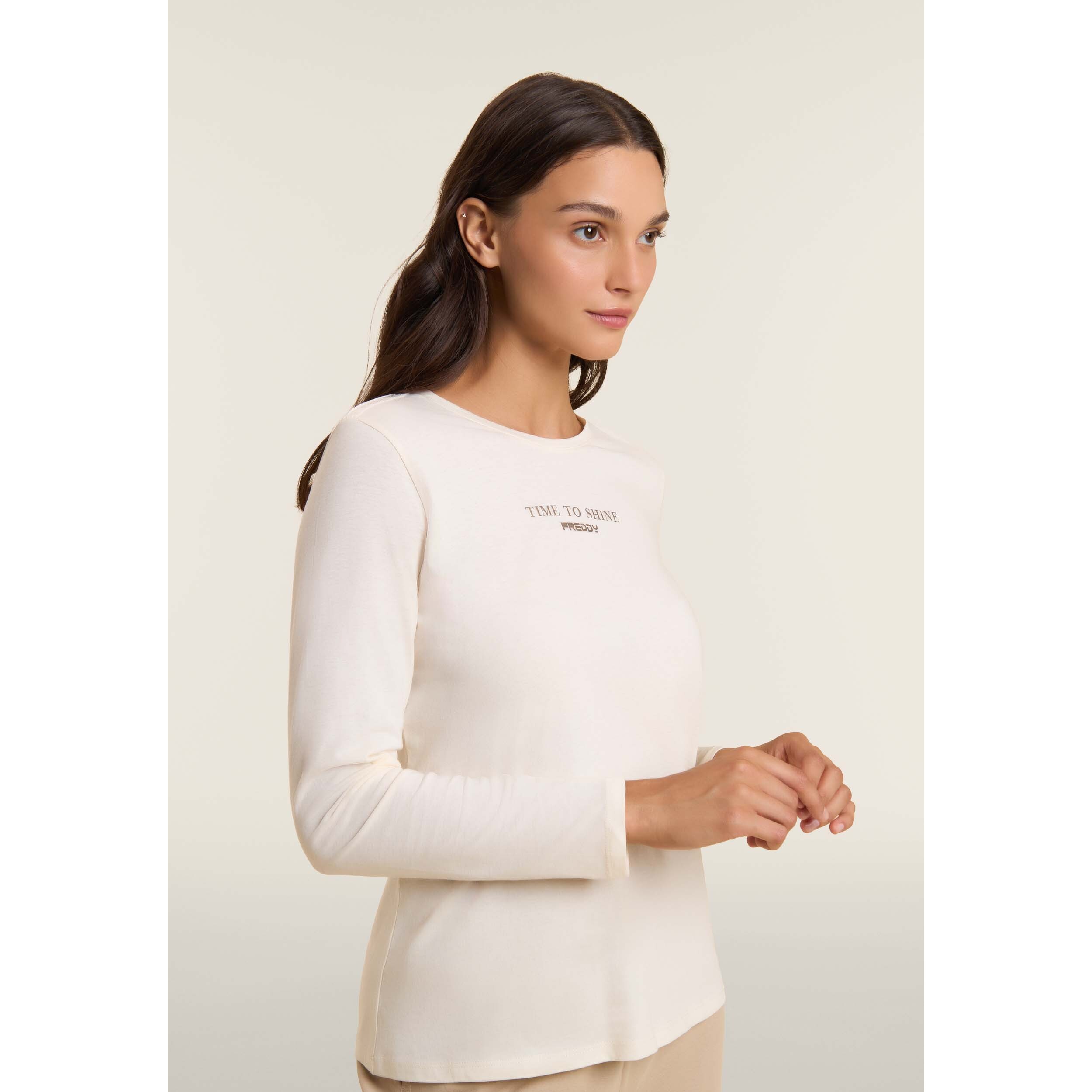 T-shirt donna a manica lunga con banda logata sulle spalle