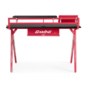 Scrivania GAMING in legno e pvc nero con base acciaio rosso, 135,5 x 60 cm