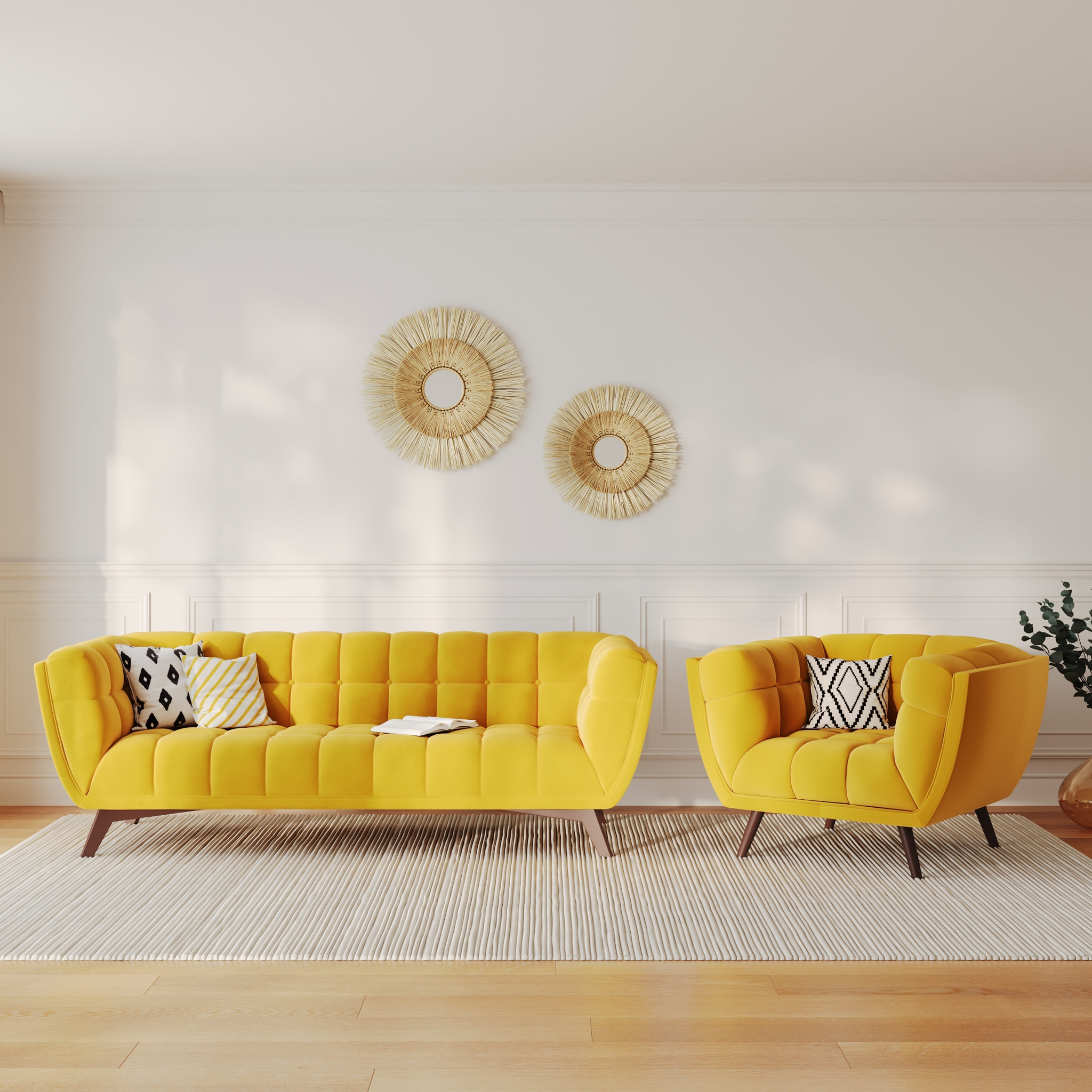Ensemble canapé et fauteuil en velours jaune 4 places - Mona