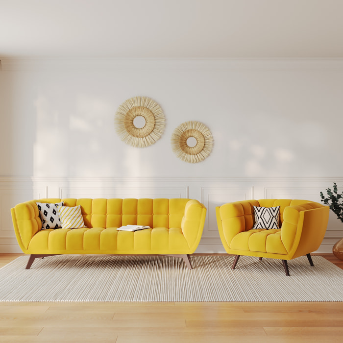 Ensemble canapé et fauteuil en velours jaune 4 places - Mona