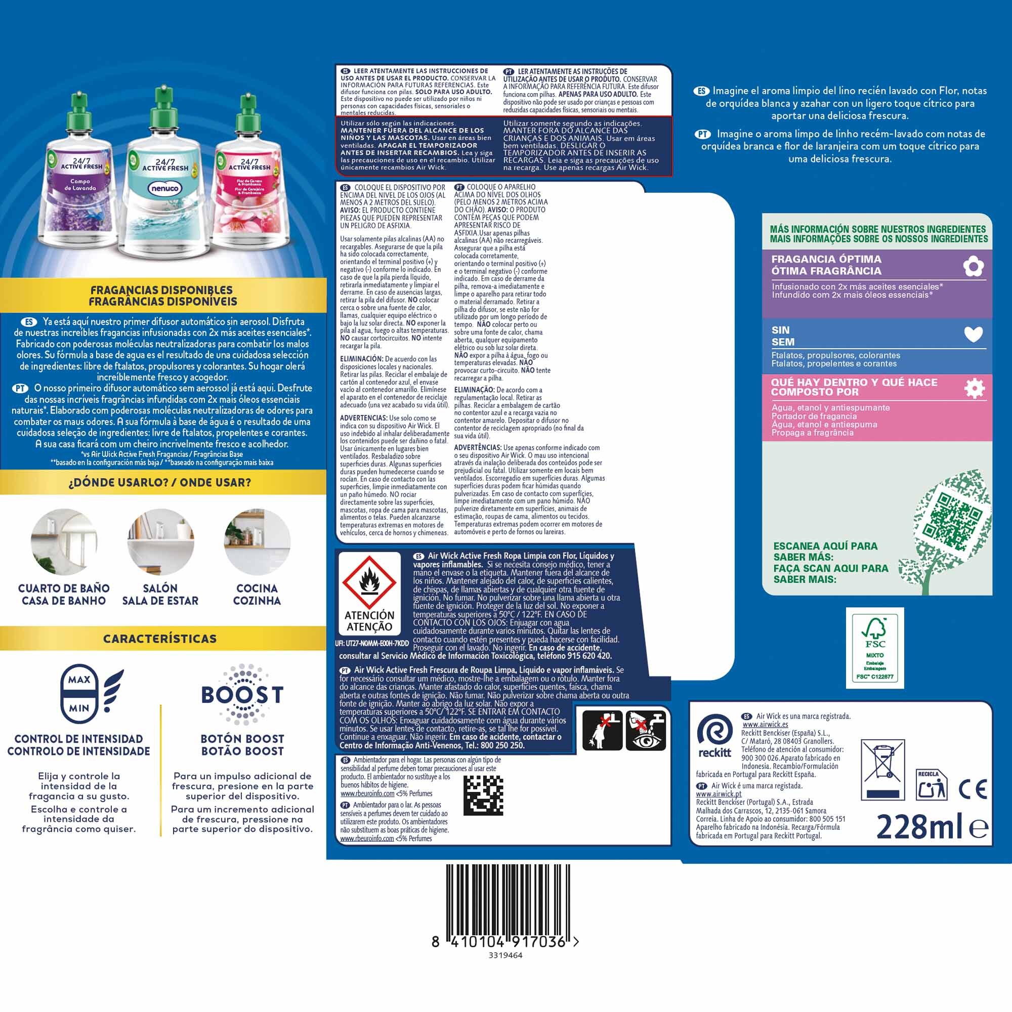 Air Wick Active Fresh Spray Automatico Sin Aerosol - Ambientador para casa con aroma a Ropa Limpia Con Flor - Aparato y recambio