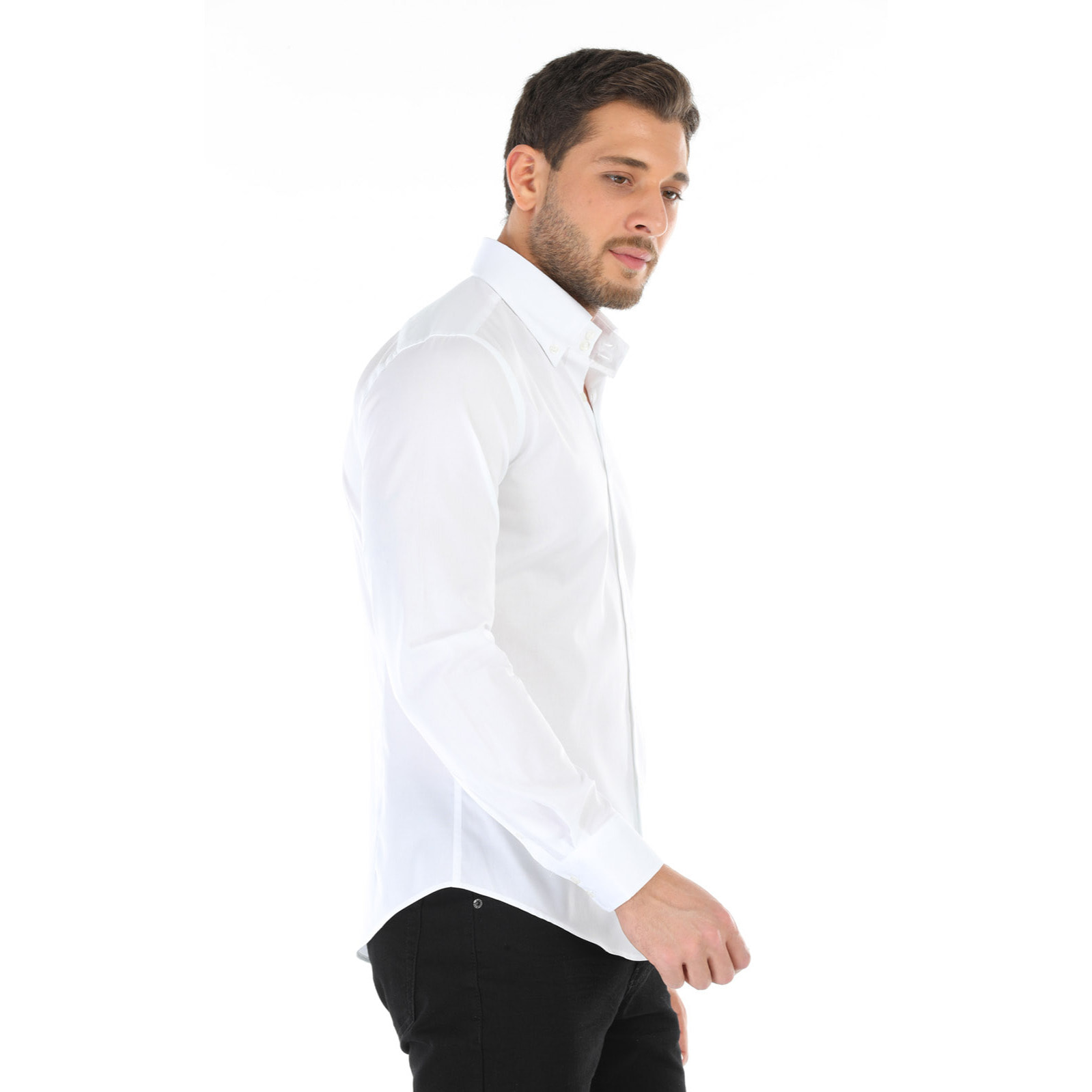 Camicia Uomo 2 Bottoni Button Down Slim Popeline Stretch Unito Bianco