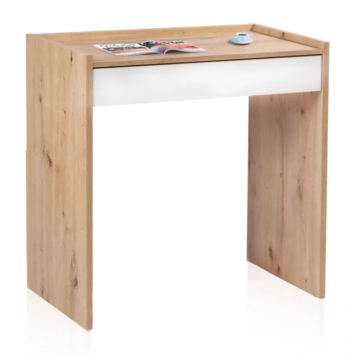 Mesa de escritorio con cajón Dess Blanco Artik (Blanco Mate) - Roble Nodi