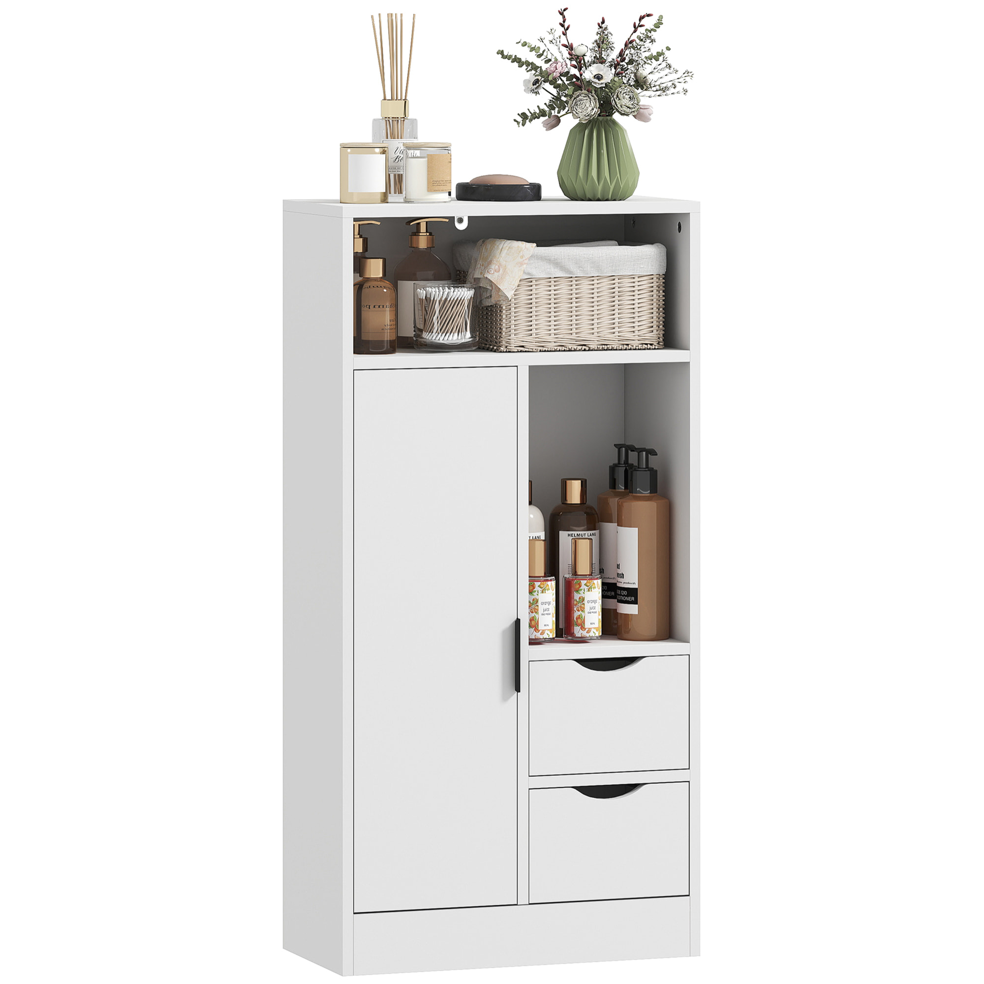 Mueble de Baño Estrecho Armario de Baño con 2 Cajones Compartimento Abierto y Estantes Ajustables para Espacio Pequeño Cocina Salón 50x25x100 cm Blanco