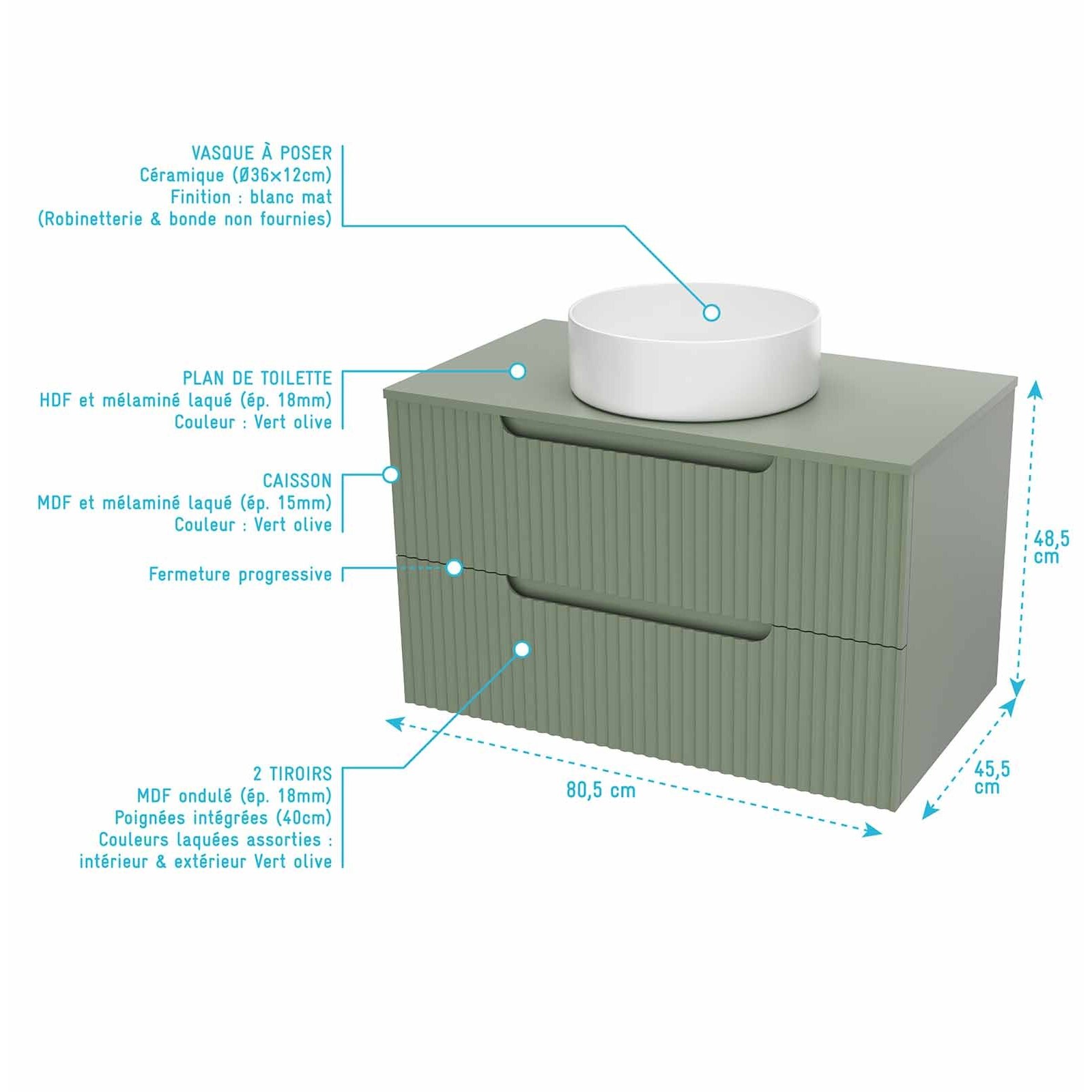 Meuble et colonne de Salle de Bains LEON 80cm Vert Olive - Façades Ondulées - Vasque Ronde 36cm
