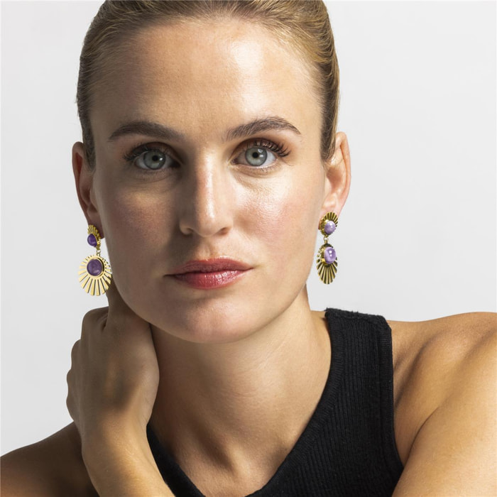 Pendientes con Cuarzo Hidrotermal Amatista acabado oro 18k