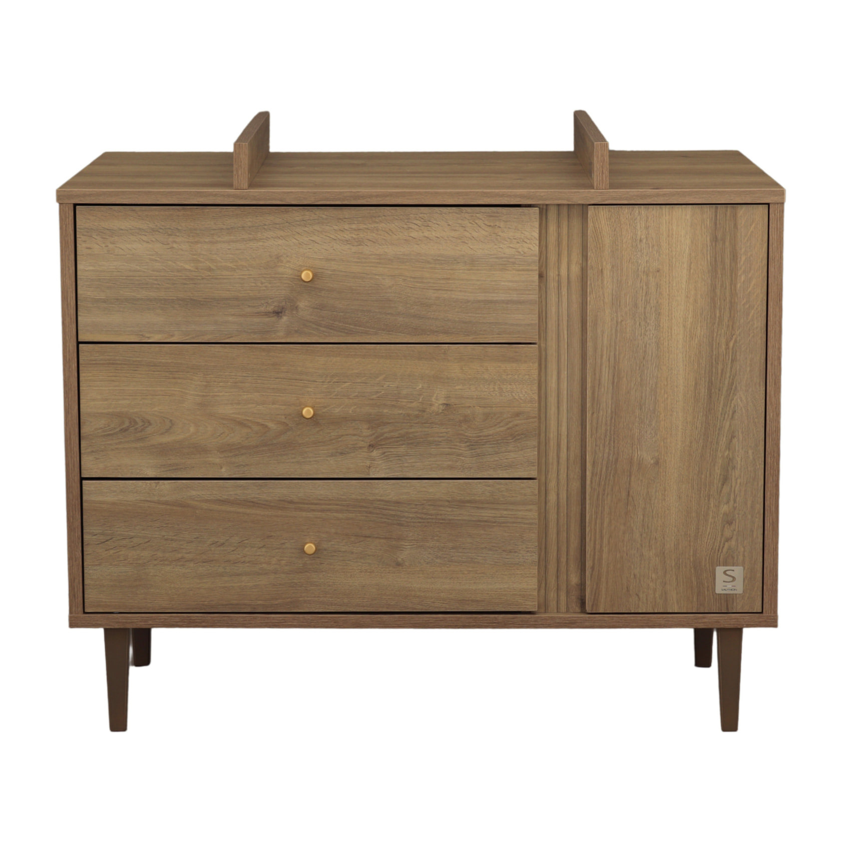 Commode 3 tiroirs et 1 porte avec détail imitation bois texturé et pieds bois