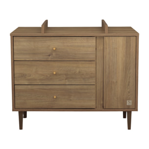 Commode 3 tiroirs et 1 porte avec détail imitation bois texturé et pieds bois