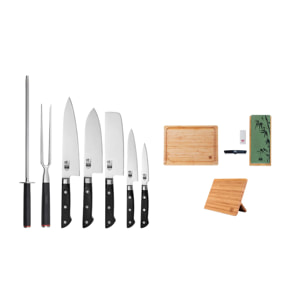 Set Hashi Deluxe Completo 10 piezas: 5 cuchillos (de pelar + petty + nakiri + santoku + gyuto) + portacuchillos magnético bambú + tabla de cortar bambú + set de afilado de grano 180/800 + afiladora + tenedor de picar