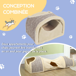 Tunnel pour chat modulable - 3 portes, 2 griffoirs - sisal peluche beige