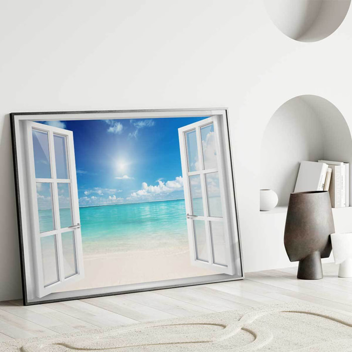 Affiche encadrée fenêtre vue plage tropicale Affiche + cadre en métal - Noir