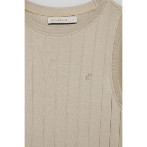 Vestido beige largo y acanalado con monograma bordado