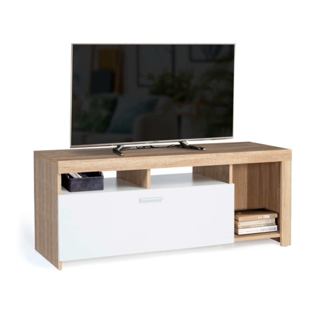 Meuble TV Maryse bois et blanc rangements multiples L110cm