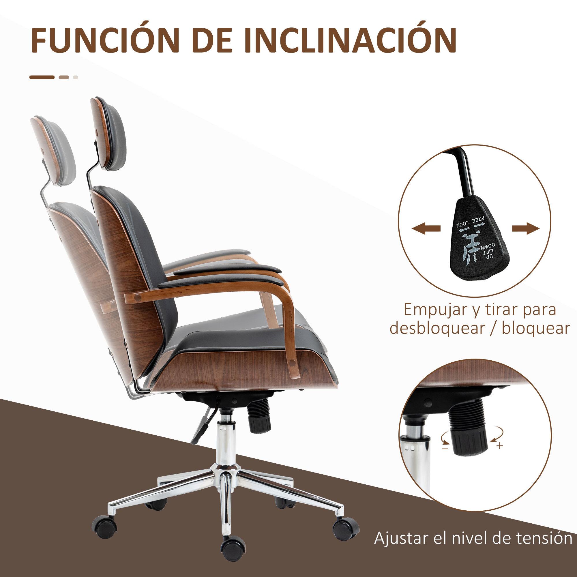 Silla de Oficina Ergonómica Silla de Escritorio Giratoria de Cuero PU con Reposacabezas Extraíble Altura Ajustable y Función de Inclinación 63x62x110-120 cm Negro