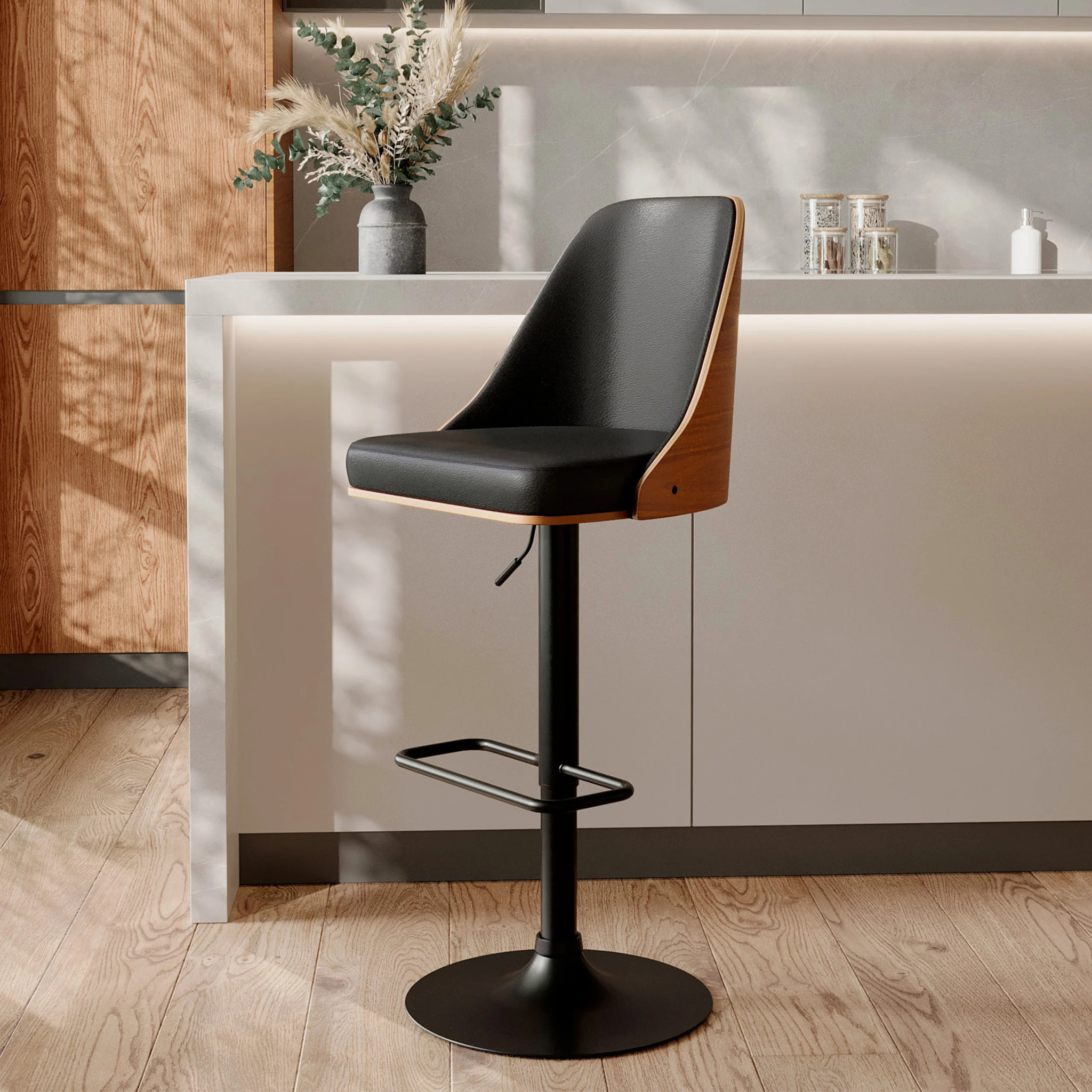 Chaise de bar réglable et pivotante en bois foncé et PU noir 56/77 cm - Georges