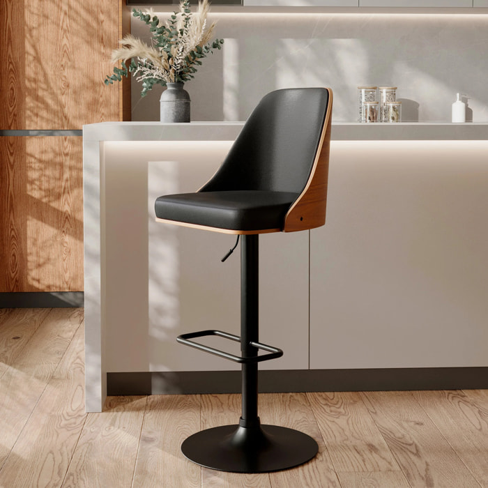 Chaise de bar réglable et pivotante en bois foncé et PU noir 56/77 cm - Georges