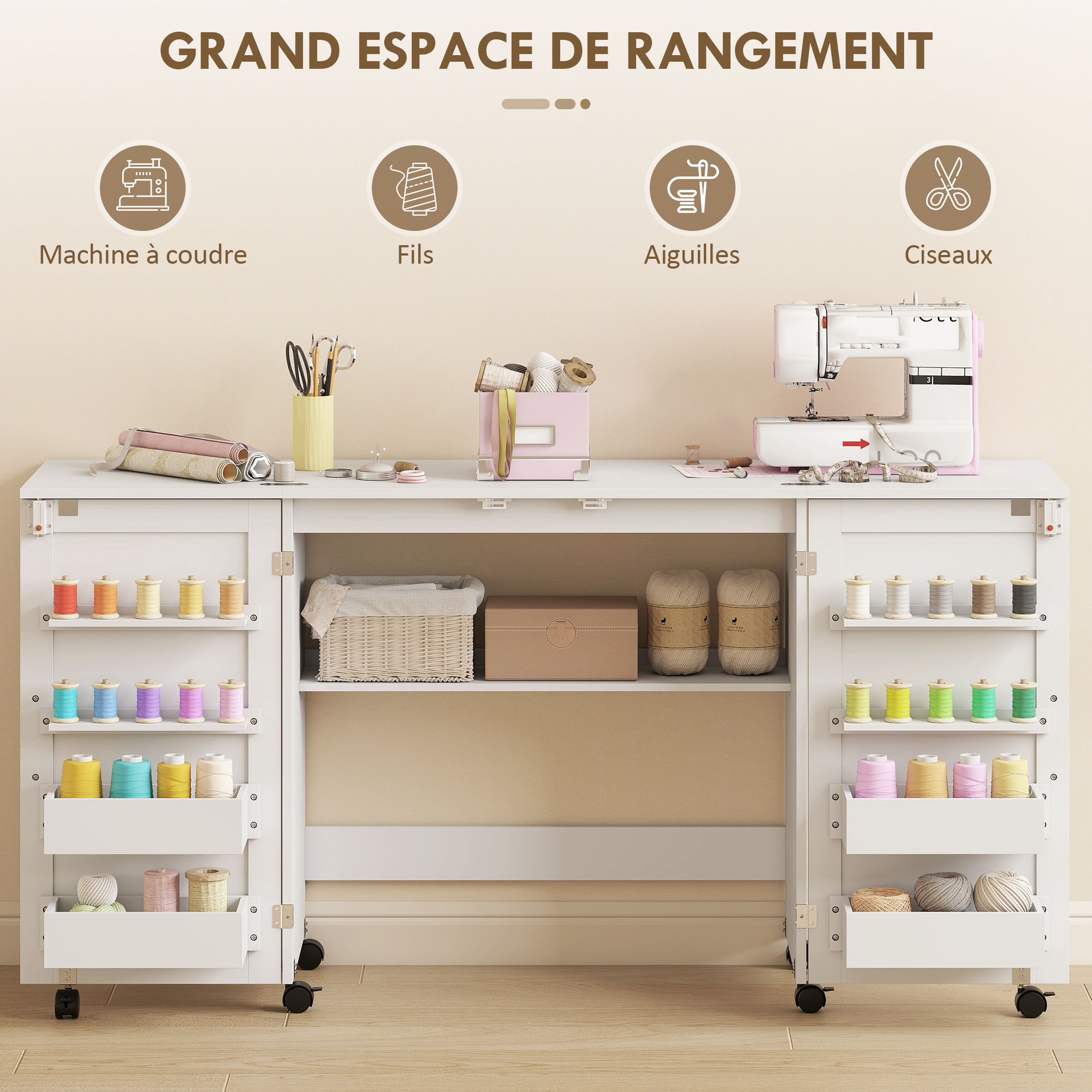Table de couture pliable sur roulettes - 4 bacs, 20 porte-bobines, étagère - blanc
