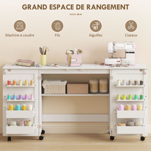 Table de couture pliable sur roulettes - 4 bacs, 20 porte-bobines, étagère - blanc