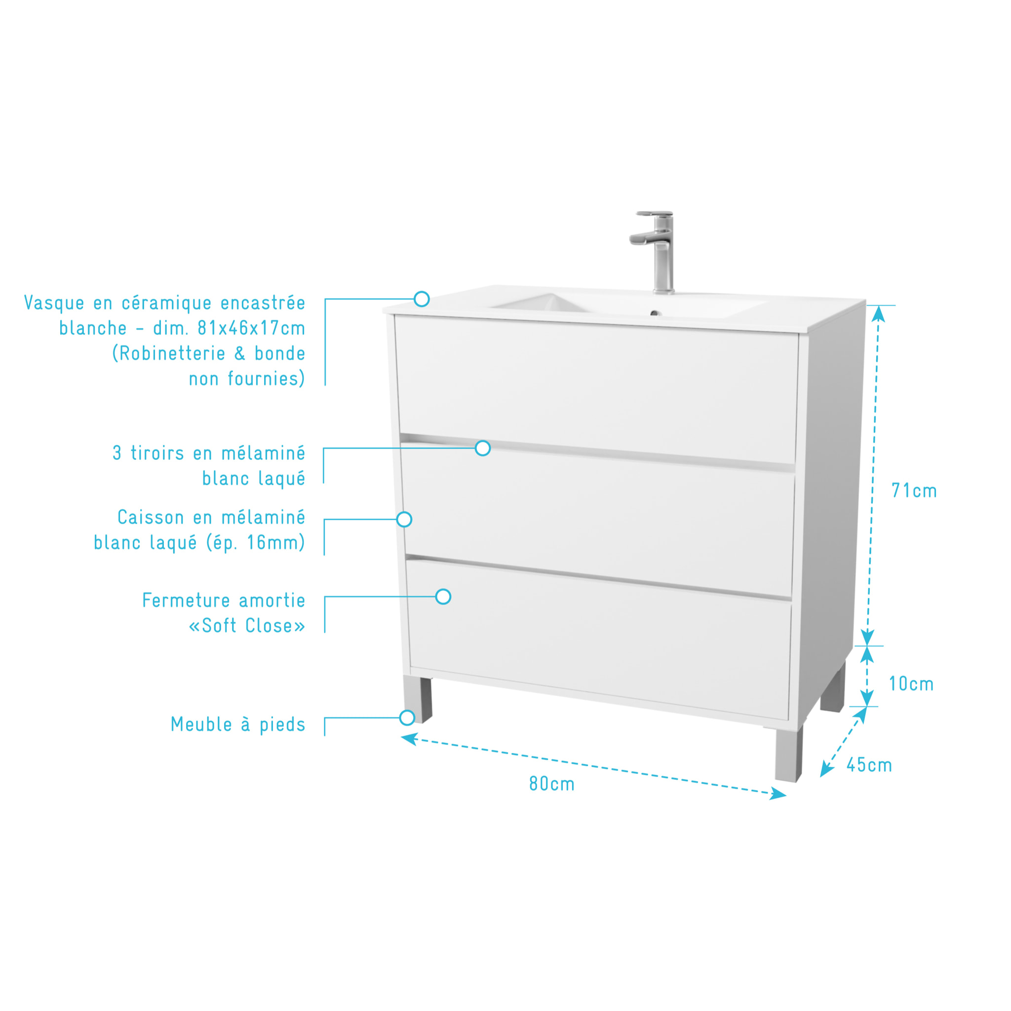 Pack Meuble Salle de Bains 80 cm Laqué Blanc, 3 tiroirs avec Vasque Céramique - XENOS